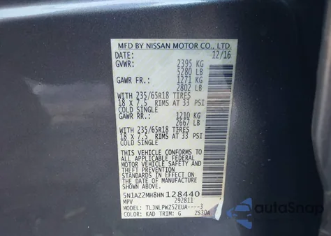 2017 Nissan Murano S z USA, uszkodzony, nr VIN 5N1AZ2MH8HN128440